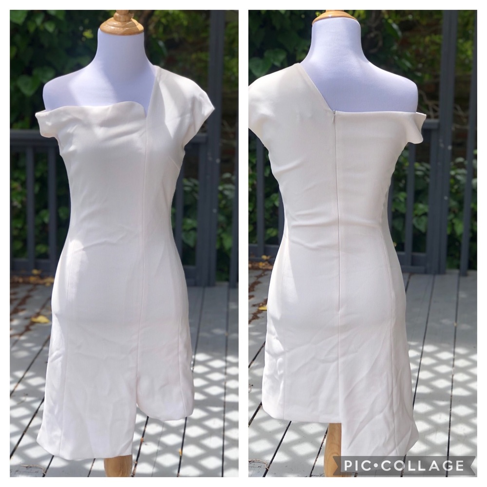 Hego Asymmetrical Hem One Shoulder Textured Ivory Bodycon Dress, size S